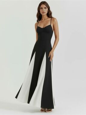 ALMOND MUSE PORTOFINO Sleek Black & White Panel Maxi Dress with Spaghetti Straps